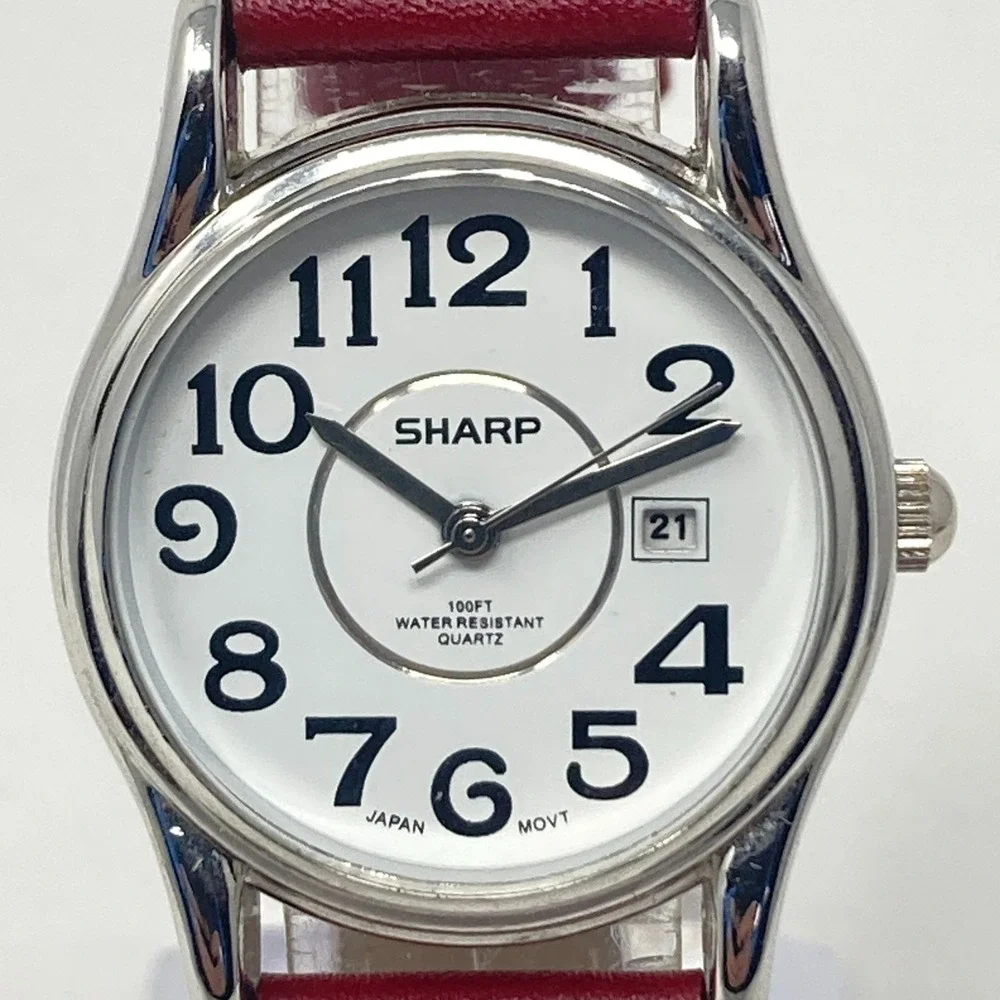 Sharp Womens Easy Reader Watch 29mm Silver Tone Date Red Leather 30M New Battery